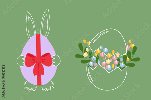 Outline Easter Bunny behind Egg with tied bow and Crack eggshell with Flowers and twigs Sticker Icon. Easter Greetings Themed Cards Minimalistic Flat design elements Poster, banner, price tag, leaflet
