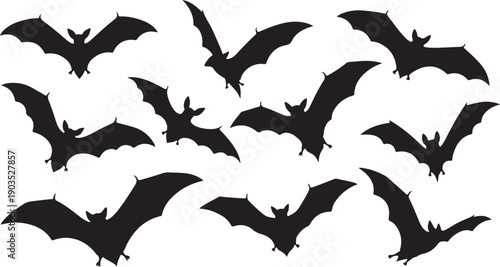 Black Bats Flying in the White Sky Together Silhouette