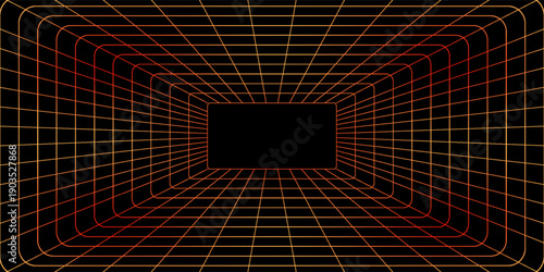 Futuristic 3D grid tunnel with orange lines on a black background, creating a deep, immersive perspective effect ideal for sci-fi, tech, or retro designs.