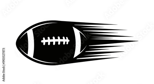 Dynamic black American football or rugby ball speeding with motion lines, isolated white background.