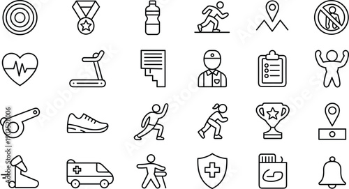 Fitness, health, and sports line icon set vector with workout, running, medical care, achievement, and wellness symbols for app, web, and UI design