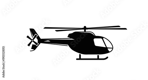 Passenger Helicopter Black Silhouette Flying Isolated White Background, Aviation Transport Icon