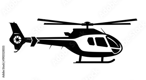 Black Silhouette Helicopter Flying Isolated White Background, Air Transport Vehicle Icon