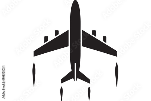 Airplane passenger jet silhouette icon in top view, black aircraft pictogram isolated on white background for aviation, travel, airport signage, and UI design