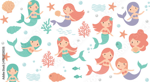 Cute mermaid character set with underwater elements, sea shells and coral, adorable pastel cartoon flat vector illustration for kids, fantasy and ocean design
