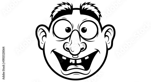Comical Cartoon Man Face with Exaggerated Wacky Expression and Glasses, Isolated White Background.