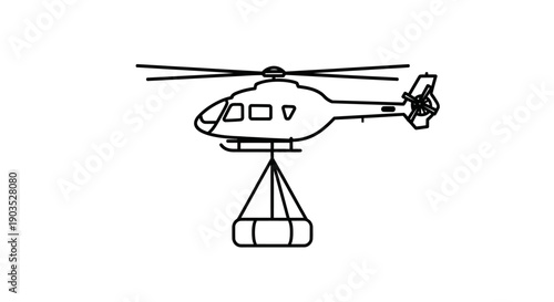 Outline Icon of a Helicopter Transporting Cargo with a Crane, Isolated White Background.