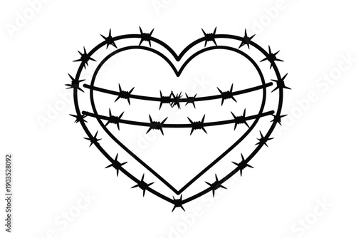 Barbed wire heart silhouette with sharp metal thorns symbolizing trapped love and pain on white background art