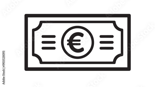 Banknote euro currency icon with simple black outline, minimal flat pictogram of money bill for finance apps, banking UI, payment symbols, and cash illustrations