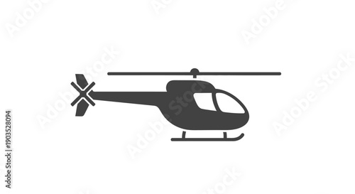 Silhouette of a Helicopter Flying, Isolated White Background.