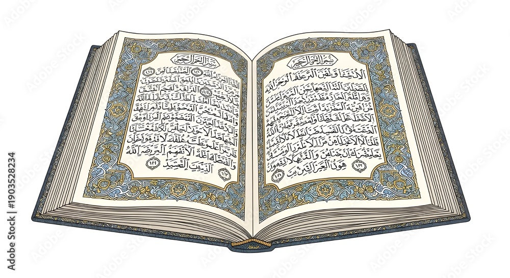 Obraz premium THE holy quran opened with elegant arabic calligraphy and ornate borders symbolizing divine guidfance faith mercy and wisdom inspiring peace reflection and spiritual connection with allah for