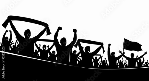 Silhouettes of Energetic Sports Fans Cheering in a Crowded Stadium, Football Event Atmosphere