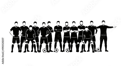 United Soccer Team Standing Together in Formation with Balls, Isolated White Background