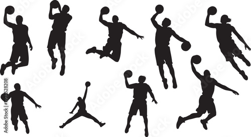 Silhouettes of basketball players in various dynamic jumping actions