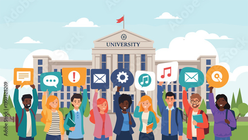 Diverse group of happy, smiling students proudly holding up various social media and application icons in front of a grand university building.
