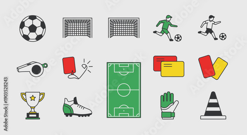 Comprehensive Set of Colorful Football Soccer Game Icons and Equipment on Light Background