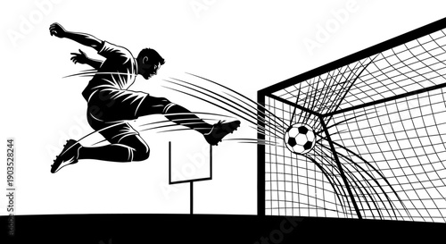 Dynamic Soccer Player Scoring a Goal into the Net, Isolated White Background