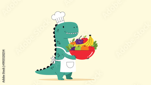 Delightful cartoon dinosaur, dressed as a chef with a white hat and apron, proudly holds a vibrant, overflowing bowl of fresh fruit.