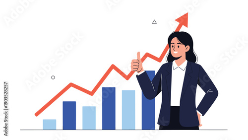 Confident businesswoman gives a thumbs-up, symbolizing success and growth, standing before an impressive upward-trending bar chart and arrow graph.