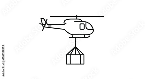 Helicopter Transporting a Large Cargo Container, Outline Icon on Isolated White Background