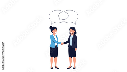 Two professional businesswomen shake hands, symbolizing agreement and partnership, with intertwining speech bubbles representing successful communication.