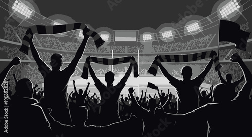 Energetic Crowd of Soccer Fans Cheering with Scarves in a Thrilling Stadium Atmosphere