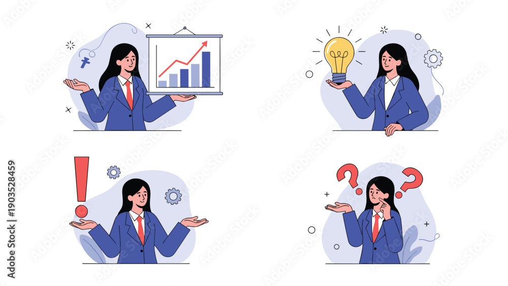 Fototapeta premium Professional businesswoman demonstrating business concepts through various gestures, illustrating data analysis, new ideas, important solutions, and complex problems.