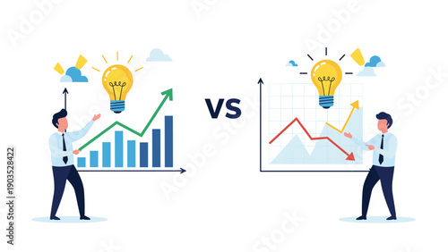 Two businessmen compare innovative ideas, symbolized by lightbulbs, juxtaposing a steady growth bar chart against a fluctuating line graph for strategic analysis.
