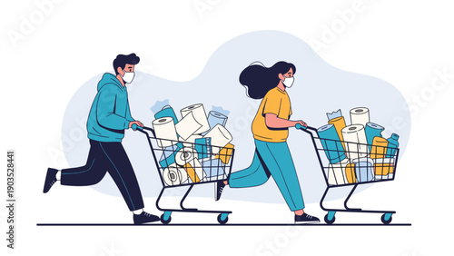 Couple in medical masks running frantically with overflowing shopping carts full of groceries and toilet paper, depicting panic buying during a crisis.