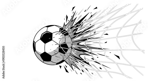 Powerful soccer ball breaking through a goal net with explosive effect, isolated white background