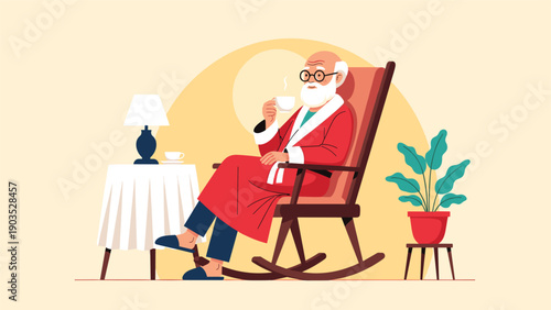 Elderly man with a white beard and glasses relaxing comfortably in a rocking chair at home, enjoying a hot cup of coffee or tea.