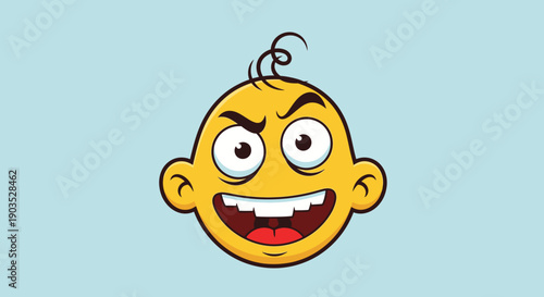 Funny cartoon baby face with a wide happy smile and big eyes, in bright studio
