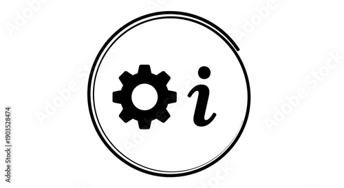 Round information icon with gear and 'i' letter symbol, isolated white background