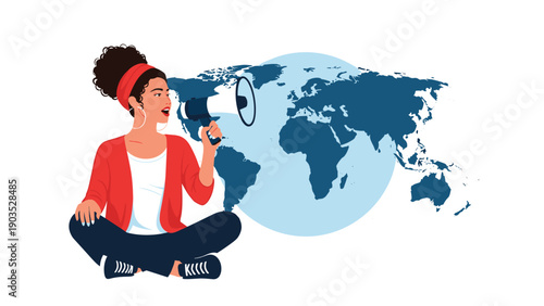 Woman with curly hair sitting cross-legged, enthusiastically speaking into a megaphone in front of a world map, symbolizing global communication and outreach.