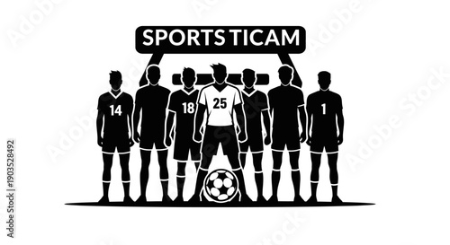 Male soccer team in uniform standing with a "SPORTS TEAM" banner, isolated white background