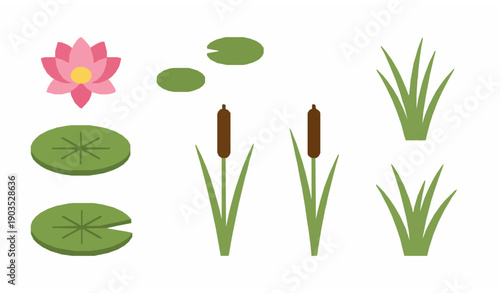 Aquatic plant flat icon set vector with lotus lily pads and marsh vegetation symbols for wetland science diagrams isolated on white