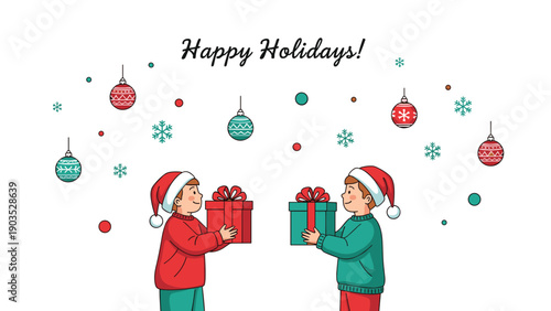 Two joyful children wearing Santa hats exchanging beautifully wrapped Christmas gifts, surrounded by festive ornaments and snowflakes, celebrating "Happy Holidays!".