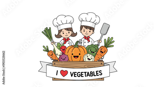 Cute little boy and girl chefs showcasing a bounty of cheerful, friendly vegetables in a wooden crate, proudly declaring "I Love Vegetables".