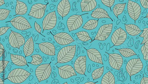 Seamless pattern featuring delicate outline leaves and abstract organic shapes gracefully scattered across a serene light blue background.
