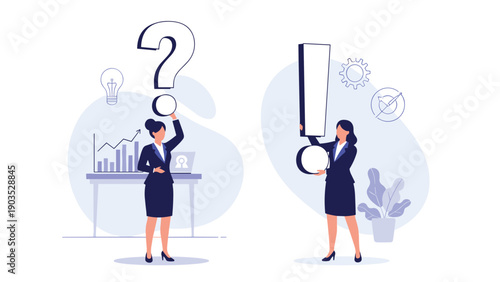 Two focused businesswomen illustrating problem identification and strategic solution finding, one holding a question mark and the other an exclamation mark.