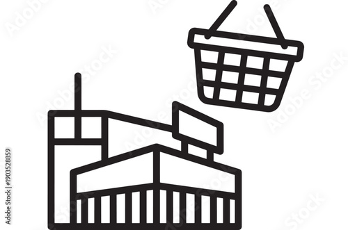 Checkout counter icon with shopping basket and retail store cash register line art, minimalist black outline symbol for ecommerce, supermarket purchase and payment concept