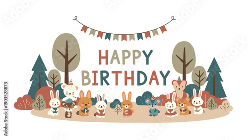 Delightful collection of adorable cartoon animals, including bunnies and mice, gathered in a charming forest setting under a "Happy Birthday" banner.