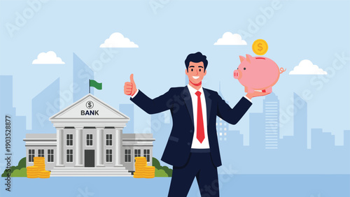 Cheerful businessman giving a thumbs-up and holding a piggy bank with a coin, symbolizing successful savings and financial growth at the bank.