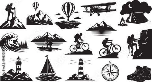 Adventure travel icons set with various outdoor activities symbols