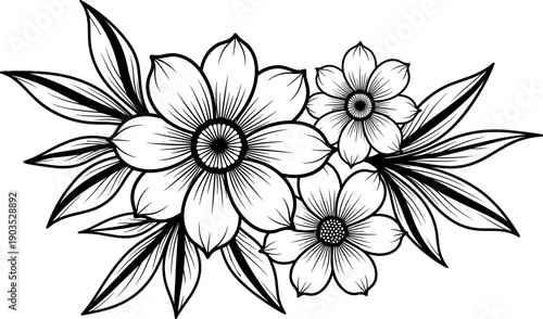 Hand drawn floral bouquet, black and white flower illustration, decorative botanical sketch for coloring book, isolated vector nature design element.