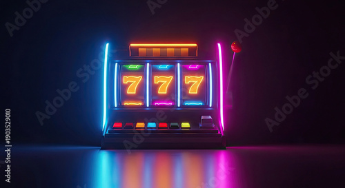 Vibrant neon illuminated slot machine display with lucky sevens in a dark casino environment viewed from the front