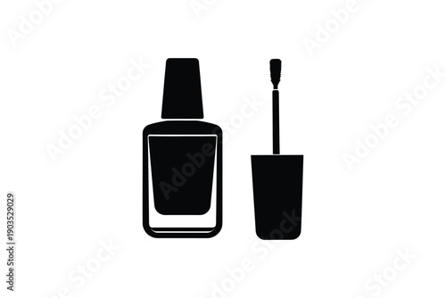 Black silhouette of nail polish bottle and applicator isolated on white background beauty and fashion