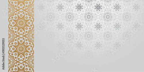 White abstract background with luxurious Islamic Arabic patterns. Elegant design with sparkling gold ornament decoration. EPS. 5