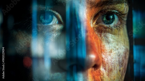 Captivating close-up of a person's face reflecting vibrant colors and intricate patterns, suggesting a blend of emotion and technology in a modern digital world.