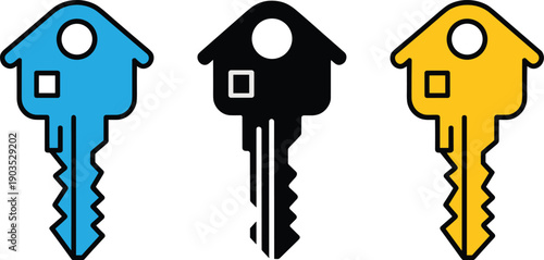 Colorful house key icon set vector with home shaped keys in blue, black, and yellow for real estate and property access design
